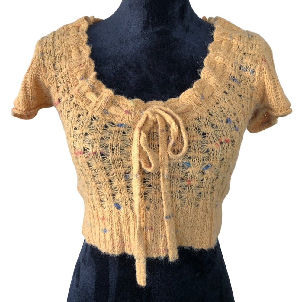 Topin Chunky Knit Short Sleeve Lace Tie Knit Sweater‎ Top Sz S